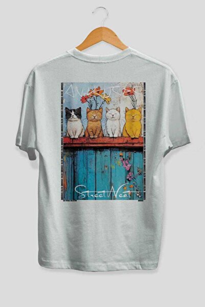 Ankhises For the Love of Cats 14 Cats Printed White Oversize T-Shirt 100% Cot...