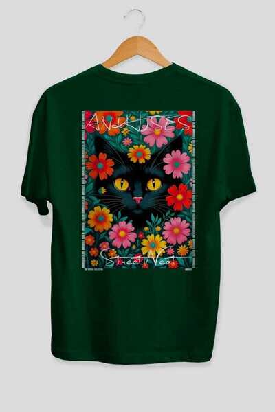 Ankhises For the Love of Cats 61 Cats Printed Green Oversize T-Shirt 100% Cot...