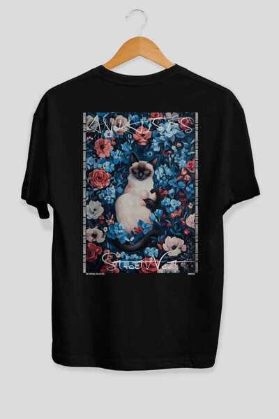 Ankhises For the Love of Cats 5 Cats Printed Black Oversize T-Shirt 100% Cott...