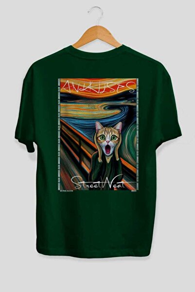 Ankhises For the Love of Cats 25 Cats Printed Green Oversize T-Shirt 100% Cot...