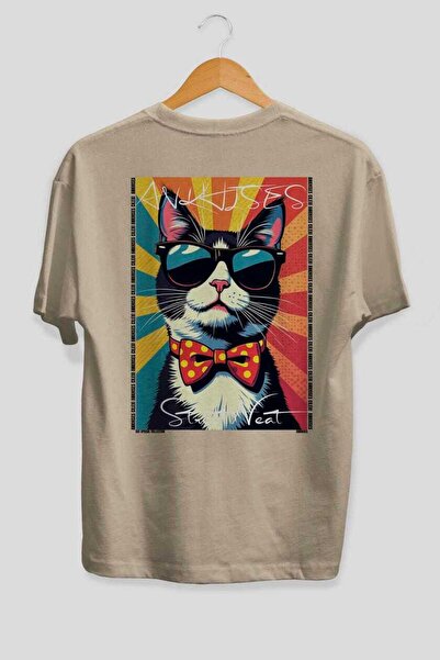 Ankhises 37 Cats for the Sake of Cats Printed Beige Oversize T-Shirt 100% Cot...