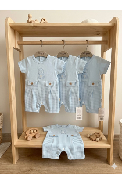 iQBaby Babyluxe Erkek Bebek Ayıcık Nakışlı Gofret Kumaş Kısa Kollu Tulum