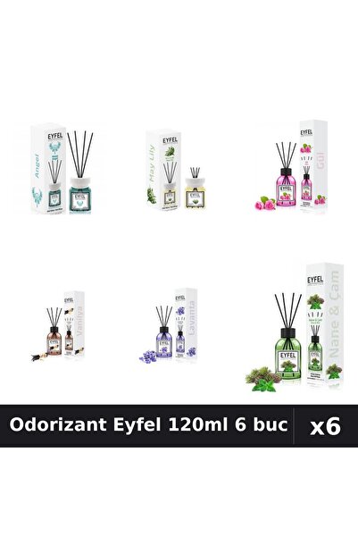 Eyfel Set 6 Odorizante Camera Betisoare 120ml - Angel, Lacramioare, Trandafir...