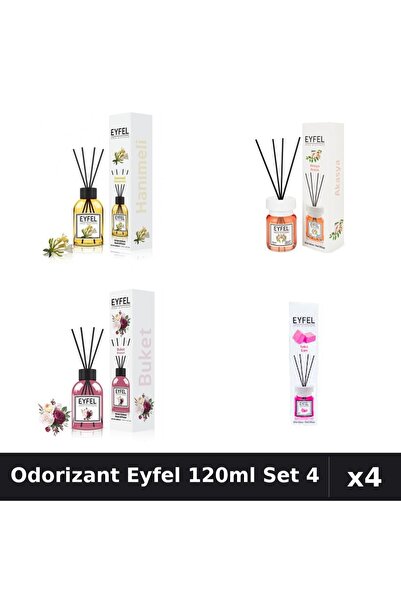 Eyfel Set 4 Odorizant Cameră Betișoare 120ml - Acacia, Bouquet, Bubble Gum, M...