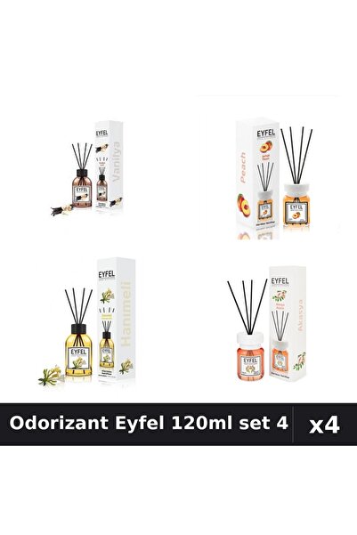 Eyfel Set 4 Odorizant Camera Betișoare - Vanilie, Piersică, Acacia, Măn - 120ml