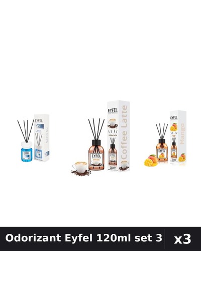 Eyfel Set 3 Odorizant Camera Betisoare 120ml - Cool Water, Cafea, Mango