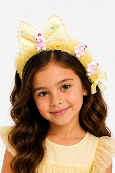 MakeWell Girl's Yellow Bow and Rabbit Figured Hair Crown with Glitter Tulle C...