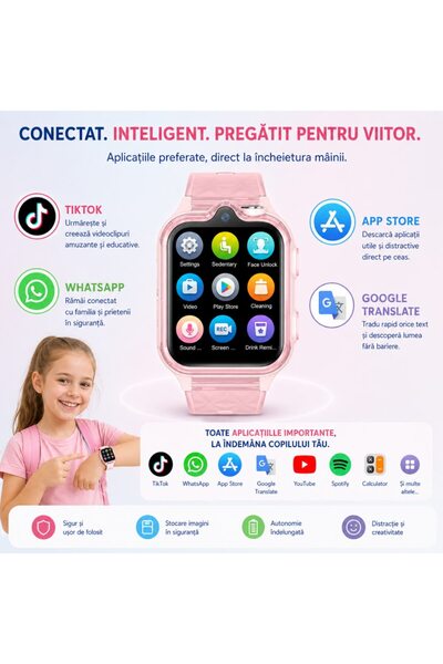Techone Ceas Smartwatch Copii KT42, Dual Camera, Cu AI, GPS, Localizare, Super AMOLED, 4G LTE, Apel video,SOS, Roz