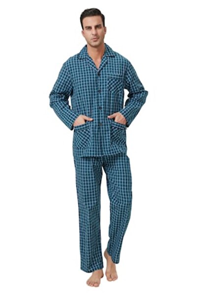 Global Set Pijama Barbat Clasica,Bumbac100%,Carou Verde ,Marimea, 48-50 EU, M...
