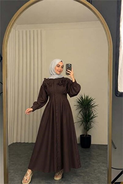 Dipmoda Women's Brown Belted Floral Detailed Premium Hijab Dress Dpvq4933