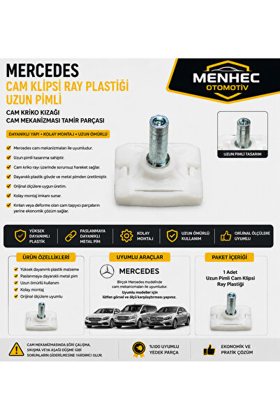 Menhec Otomotiv Mercedes Cam Klipsi Ray Plastiği Uzun Pimli Cam Kriko Kızağı Cam Mekanizması Tamir Parçası