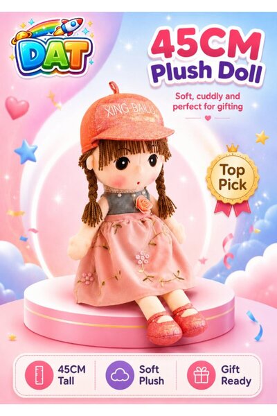 DAT Soft Plush Girl Doll with Embroidered Floral Dress, Glitter Cap & Yarn Ha...