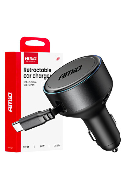 AMIO Incarcator auto la priza bricheta, cablu USB-C retractabil + port USB-C,...