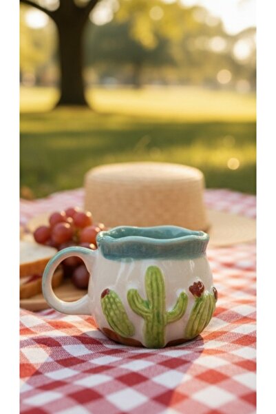Salizera 300 ml Handmade Ceramic Mug with Embossed Cactus Figure - Gift Coffe...