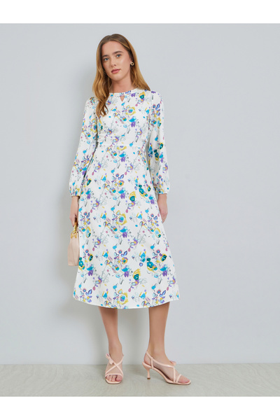 Take Two By Styli White All Over Print Keyhole Neck Midi Dress