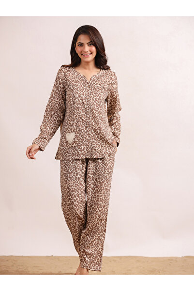 Sanskrutihomes By Styli Beige Animal Print Viscose Rayon Shirt and Pyjama Set