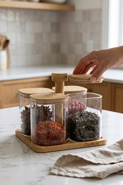 Cooker طقم توابل من الزجاج البوروسيليكات مكون من 4 قطع مع حامل من الخيزران CK...