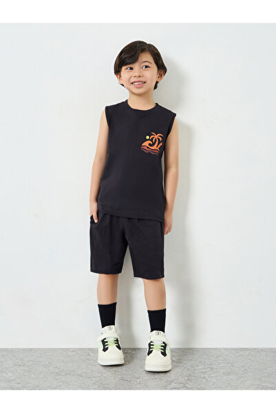 Styli Boys Black Sleeveless T-Shirt and Shorts Set