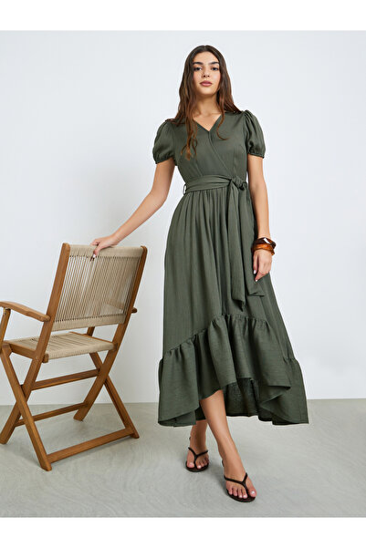 Styli Green Wrap Maxi Dress with Puff Sleeves