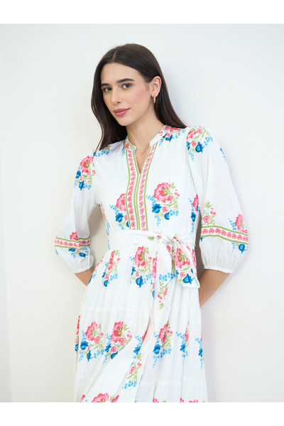 Styli White Floral Tiered Midi Dress with Tie-Belt