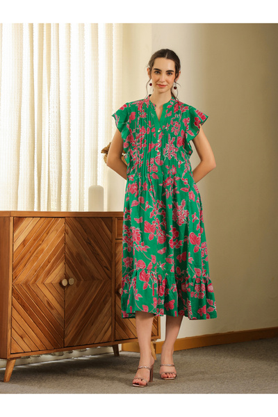 Sanskrutihomes By Styli Green Floral Midi Dress with Frill Sleeves