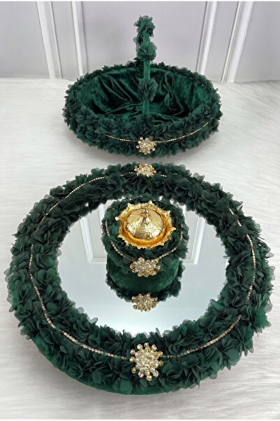 ZEYMERADE Emerald Green Henna Night Tray Basket Bridal Set, Brooched Floral M...