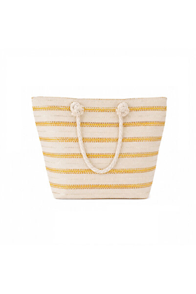 Bsr Beach bag, zipper closure, striped pattern, canvas, cream, 45x40 cm