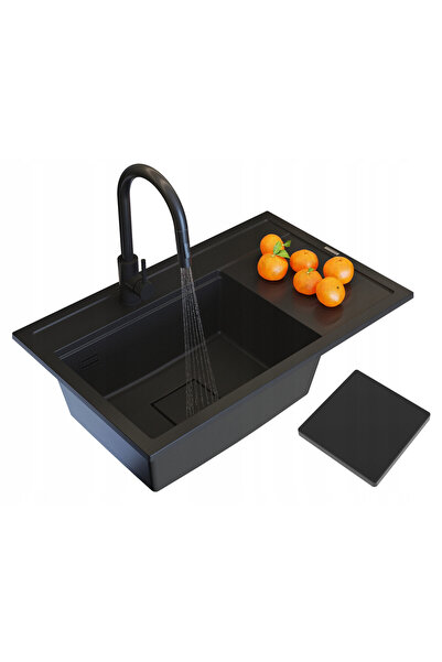 Granitan Set Chiuveta Granit Rendo Negru 810x505mm, cu robinet Loseto si sifon