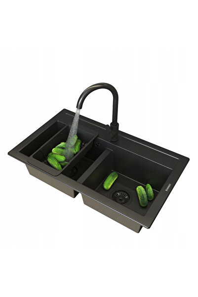 Granitan Chiuveta Granit Neagra Dubla Duet, set cu baterie Prestige Plus si s...
