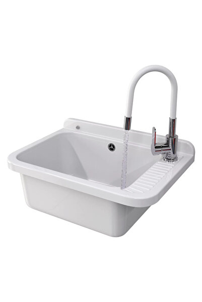 Granitan Set Chiuveta Alba 584x380mm, cu baterie flexibila neagra si sifon