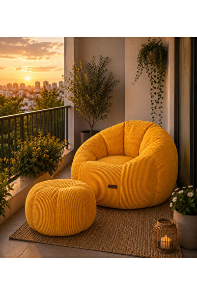 puffiber Balkon Takımı Büyük Puf Koltuk ve Ayak Pufu Seti – Bahçe, Teras ve Okuma Köşesi İçin Konforlu Berjer 95x80 Cm