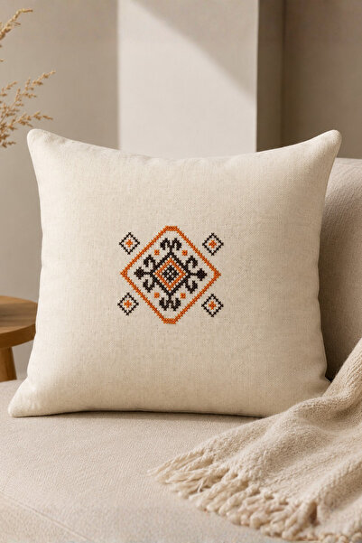 Elegancembroidery Etamin İşlemeli Dekoratif Kırlent Yastık - 42x42 cm Dolgulu...
