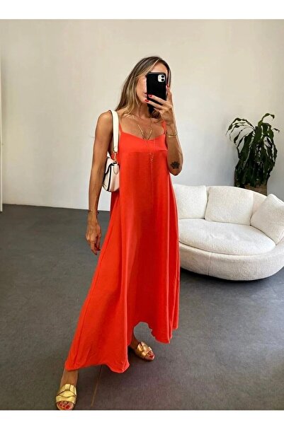 Olbia Women's Orange Aerobin Fabric Long Summer Dress with Adjustable Straps