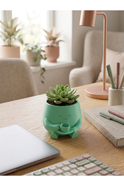 craftopya Kahve İçen Sevimli Figürlü Mini Sukulent ve Kaktüs Saksısı 8x6 cm M...