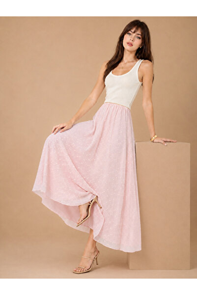 SHEBARA Pink Flock Printed Lined Tulle Skirt