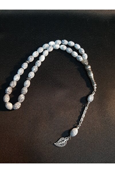 MRYart White Color Gray Veined Glass Oval Cut 33-Piece Prayer Beads