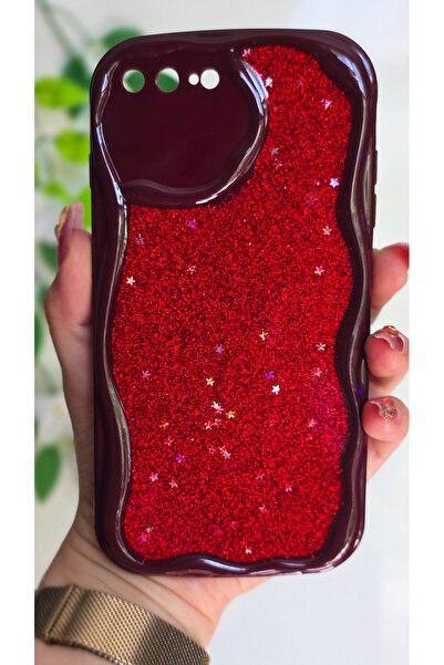 Magic Ring iPhone 7 Plus / 8 Plus Uyumlu Kırmızı Simli Yıldız Detaylı Dalgalı...