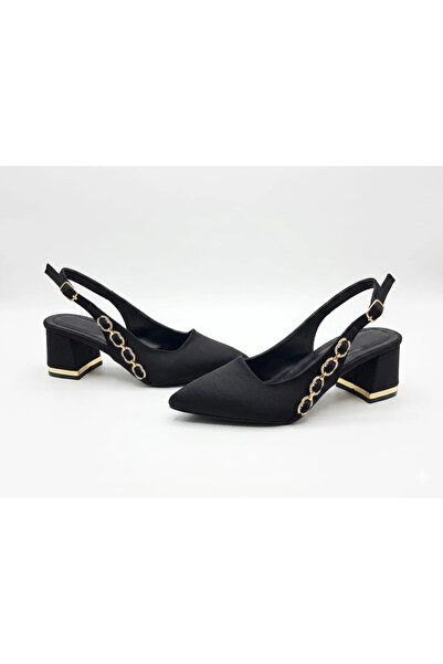 MFT AYAKKABI Black Stone Detailed Low Thick Heeled Pointed Toe Shoes