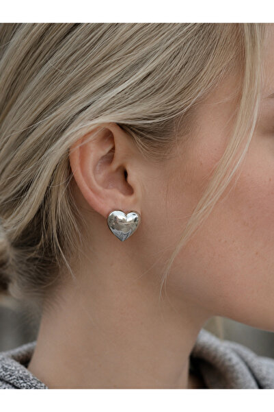 Markiz Takı Pair of Silver Color Heart Earrings 3 cm