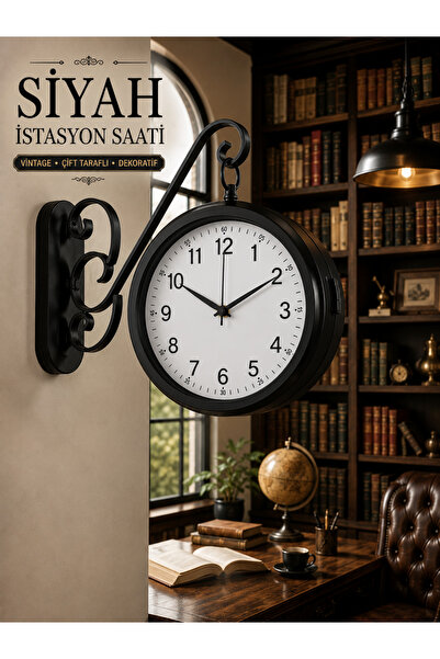 KOLAYEV Siyah Çift Taraflı İstasyon Saati 36x25 Cm Metal Duvar Saati Ofis Sal...