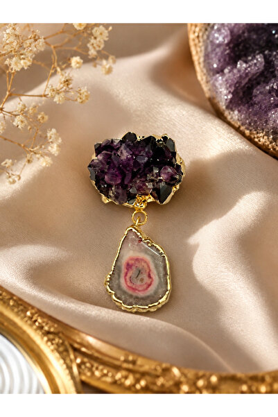 Neel butik Ametist ve Akik Taşlı Doğal Taş Broş