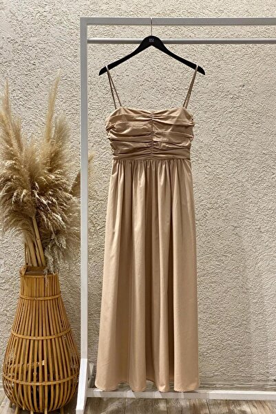 BSL Drapeli Askılı % 100 Cotton Midi Elbise