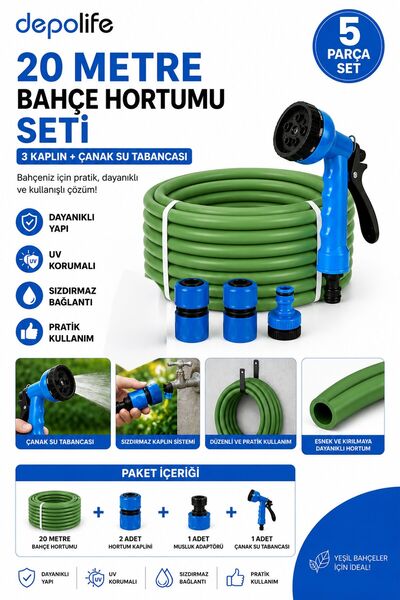Depolife 20 Metre Bahçe Hortumu Gül Başlık 6 Fonksiyonlu 3 Bağlantı Musluk Ad...