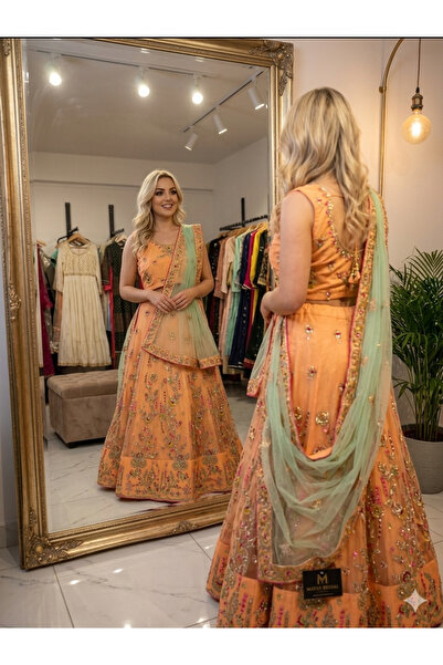 Aashiv's Collection Gelinlik Hint Lehenga Choli Takımı Turuncu İşlemeli