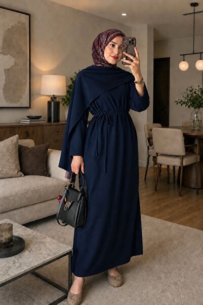 MAG FASHİON Navy Blue Hijab Dress Oysho Fabric Shawl Collar Hijab Dress