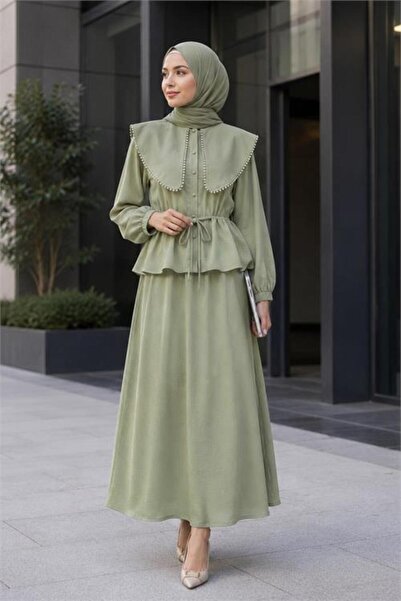 Neşeli Butik Women's Mint Green Cotton Linen Collar Detailed Belted Summer Do...