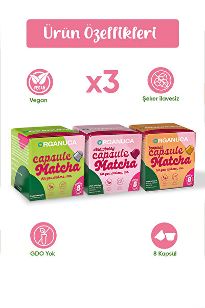 Organuca 3’lü Matcha Kapsül Seti | Çilek, Tropikal ve Klasik Matcha