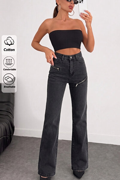 XRAY JEANS Γυναικείο μαύρο τζιν παντελόνι Palazzo με λεπτομέρεια φερμουάρ