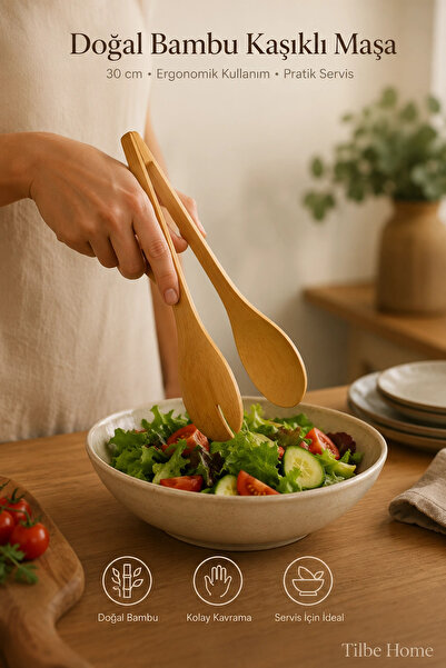 Tilbe Home Doğal Bambu Kaşıklı Maşa 30 cm Ahşap Salata Maşası Ekmek Pasta Ser...