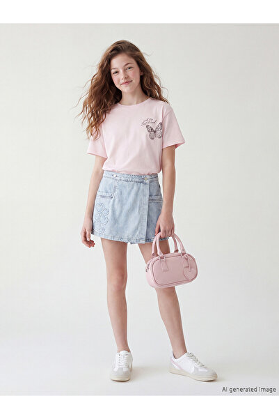 LC Waikiki Nevavm Heart Embroidered Girls' Jean Shorts Skirt with a Difference
